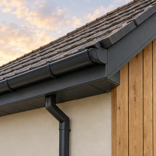 Roofline detail: coordinated gutter, fascia and soffit