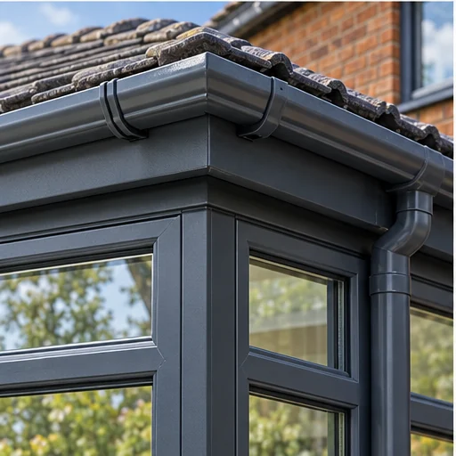 Roofline detail: coordinated gutter, fascia and soffit