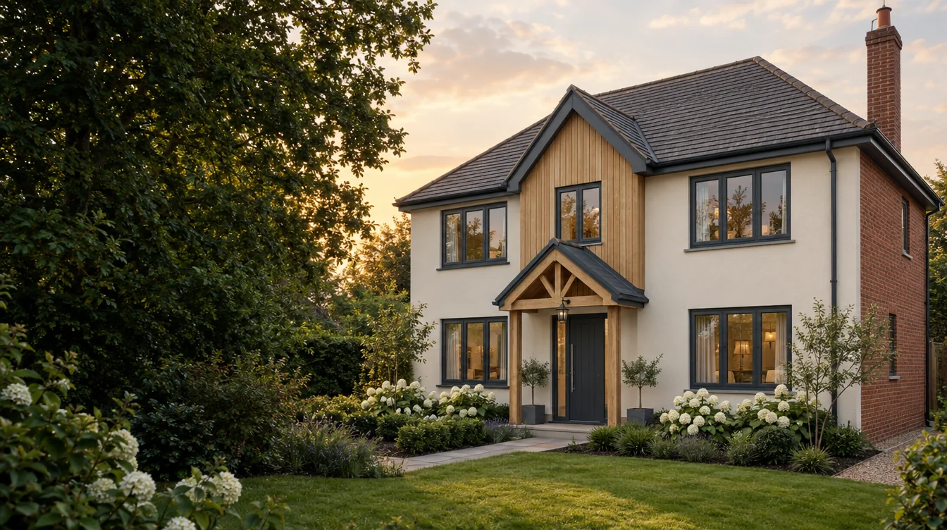 A beautifully reimagined English home with charcoal windows and a considered entrance