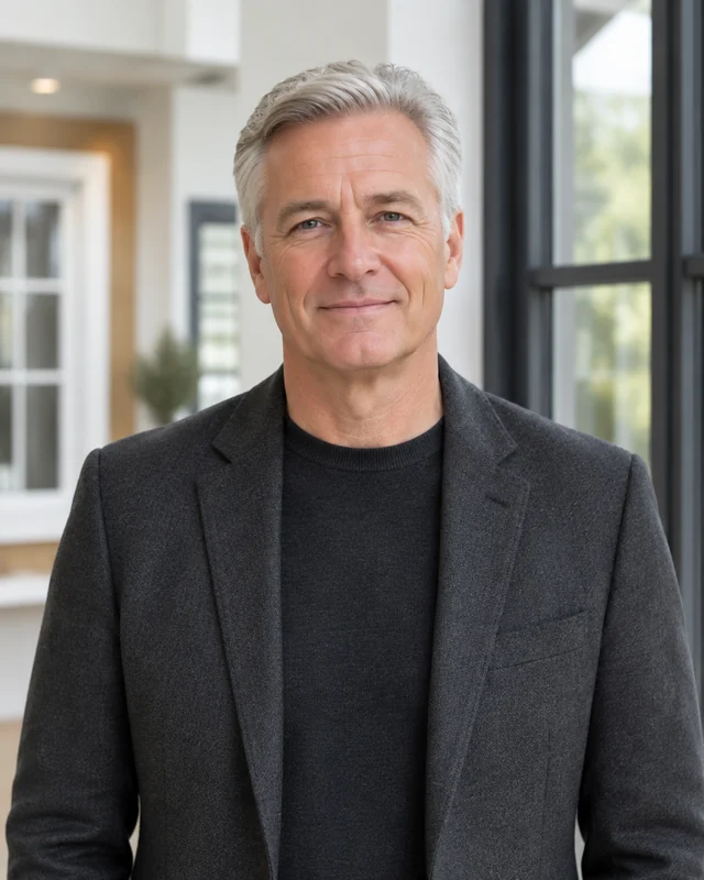 Smartly dressed, silver-haired home improvement representative